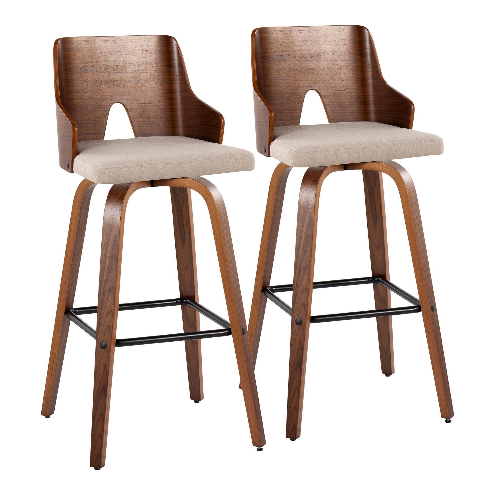 Fixed-Height Barstool with Swivel in Black Wood and Light Grey Fabric with Round Black Metal Footrest - Set of 2