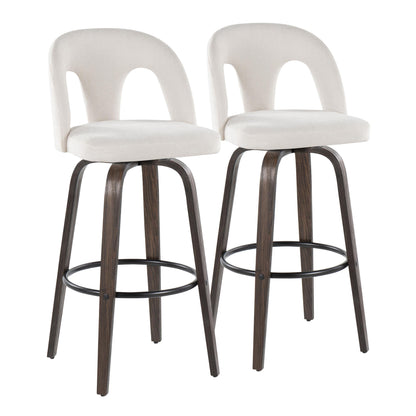 Fixed-Height Barstool with Swivel in Walnut Glazed Wood and Snow White Fabric with Round Black Metal Footrest - Set of 2