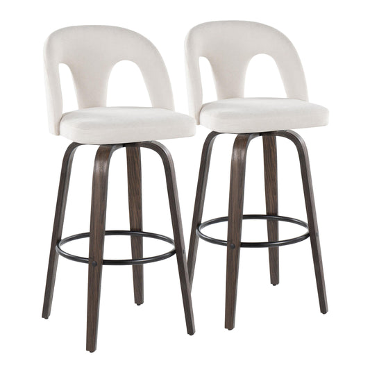 Fixed-Height Barstool with Swivel in Walnut Glazed Wood and Snow White Fabric with Round Black Metal Footrest - Set of 2