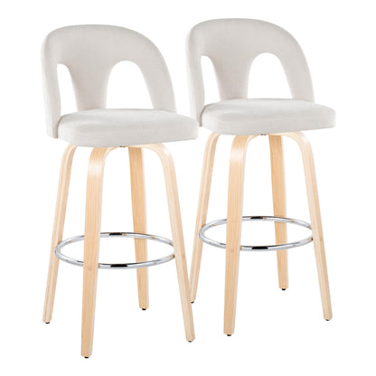Fixed-Height Barstool with Swivel in Natural Wood and Snow White Fabric with Round Chrome Metal Footrest - Set of 2