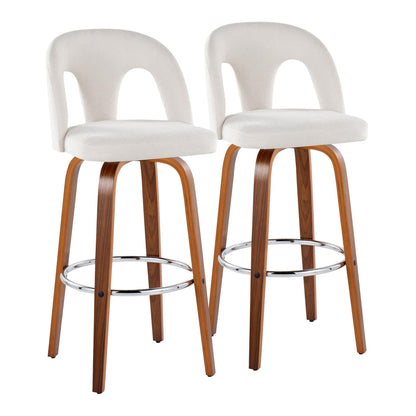 Fixed-Height Barstool with Swivel in Walnut Wood and Snow White Fabric with Round Chrome Metal Footrest - Set of 2