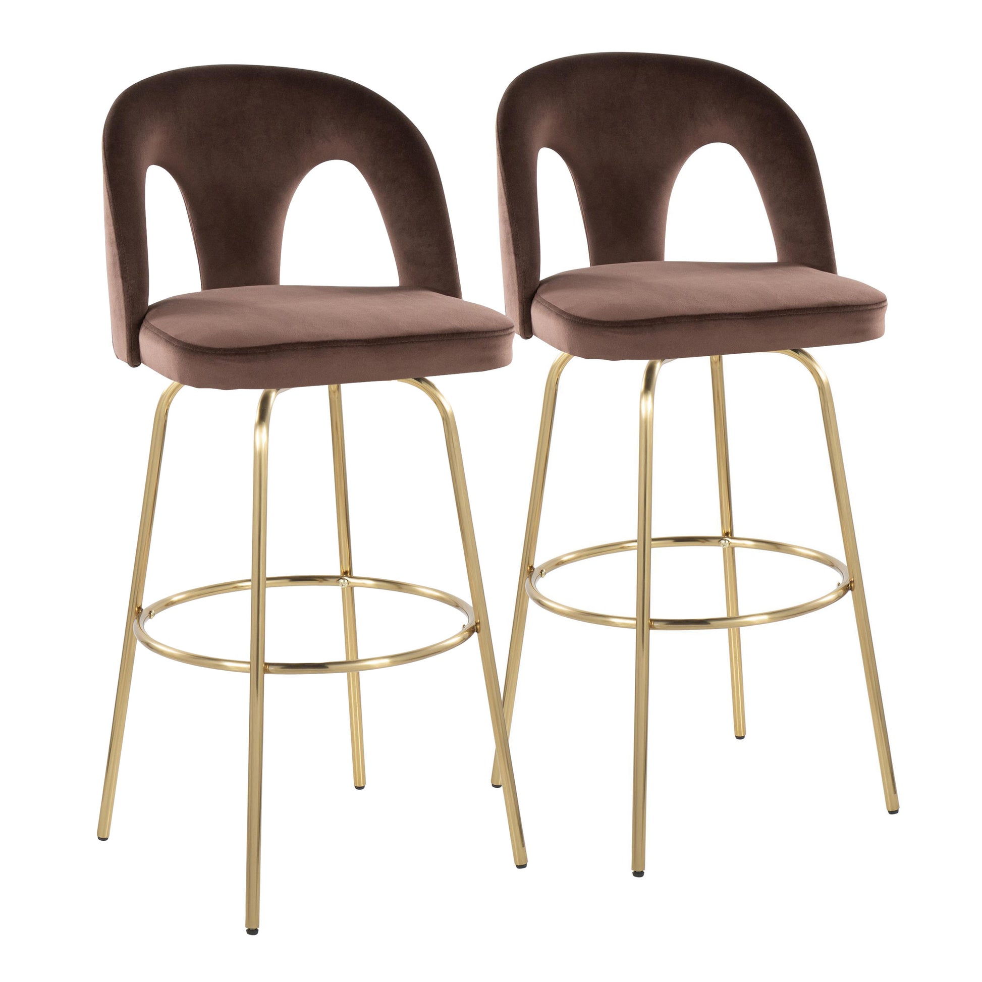 Fixed-Height Barstool with Swivel in Gold Metal and Espresso Velvet with Round Gold Metal Footrest - Set of 2