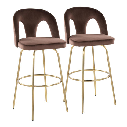 Fixed-Height Barstool with Swivel in Gold Metal and Espresso Velvet with Round Gold Metal Footrest - Set of 2