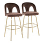 Fixed-Height Barstool with Swivel in Gold Metal and Espresso Velvet with Round Gold Metal Footrest - Set of 2