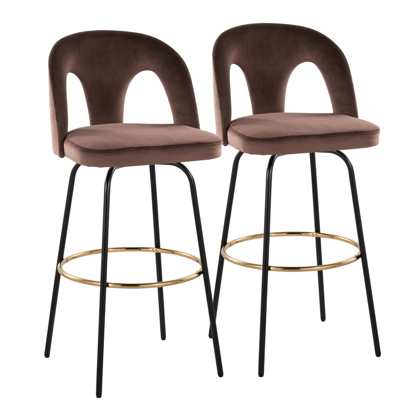 Fixed-Height Barstool with Swivel in Black Metal and Espresso Velvet with Round Gold Metal Footrest - Set of 2