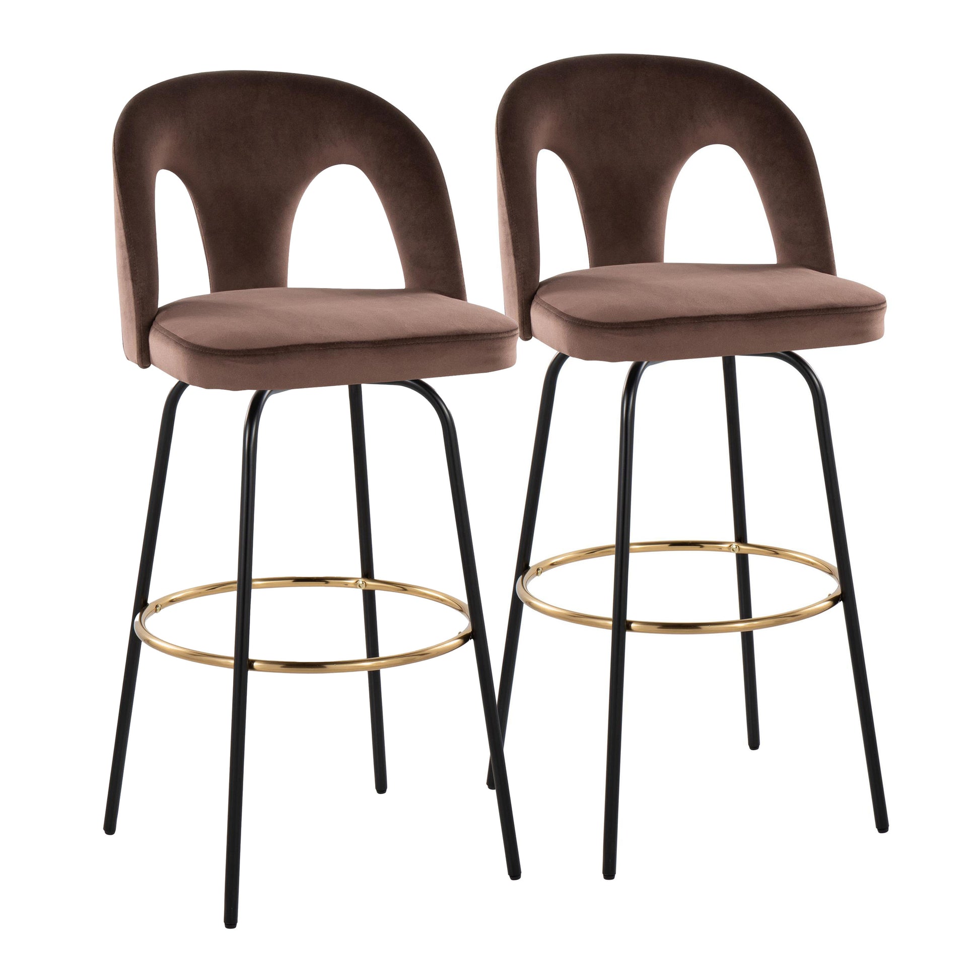 Fixed-Height Barstool with Swivel in Black Metal and Espresso Velvet with Round Gold Metal Footrest - Set of 2