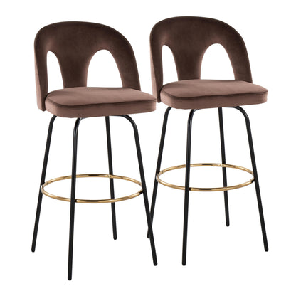 Fixed-Height Barstool with Swivel in Black Metal and Espresso Velvet with Round Gold Metal Footrest - Set of 2