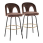 Fixed-Height Barstool with Swivel in Black Metal and Espresso Velvet with Round Gold Metal Footrest - Set of 2