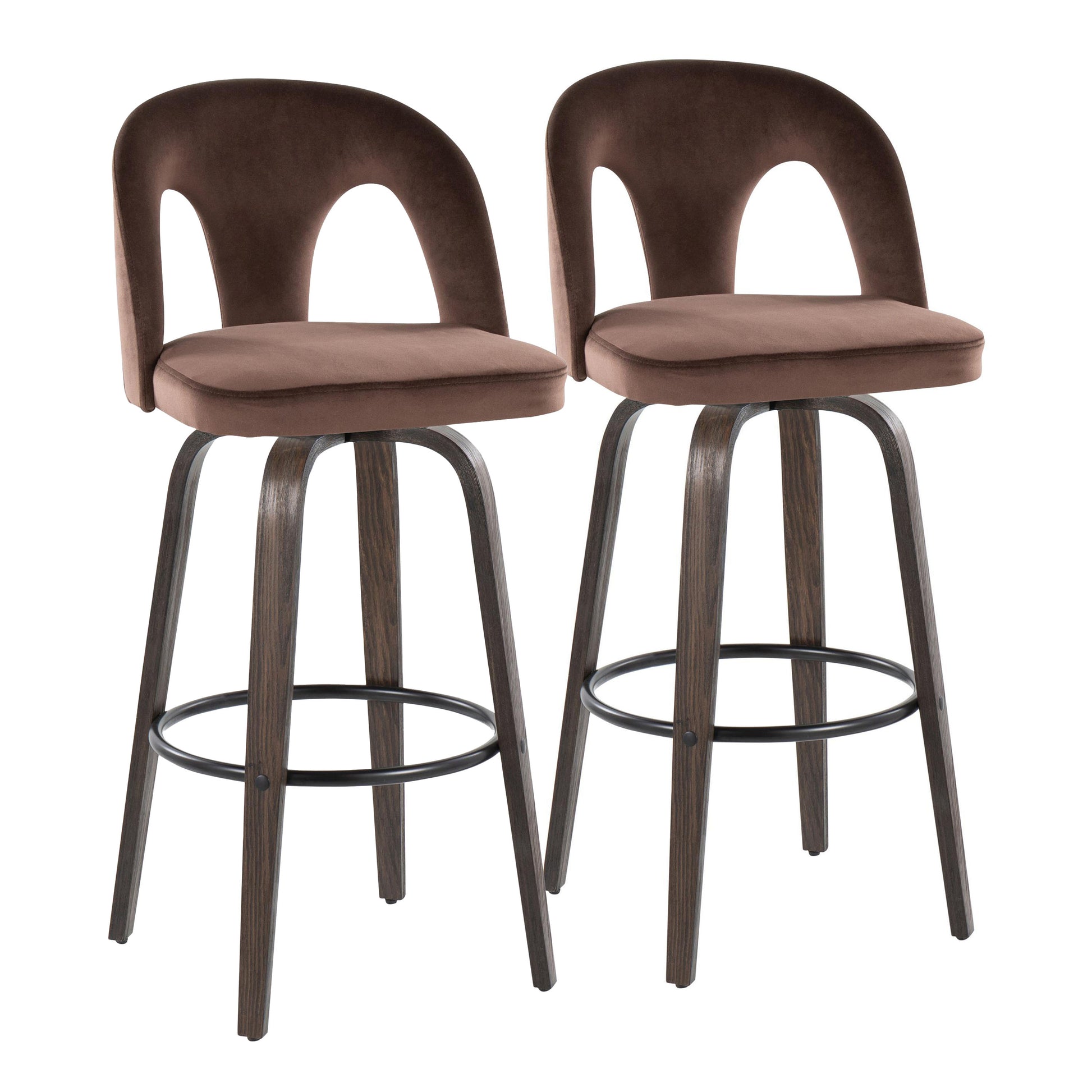 Fixed-Height Barstool with Swivel in Walnut Glazed Wood and Espresso Velvet with Round Black Metal Footrest - Set of 2