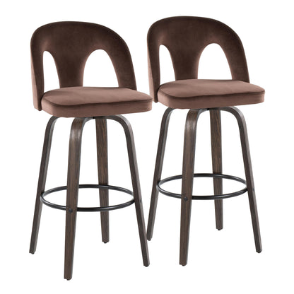 Fixed-Height Barstool with Swivel in Walnut Glazed Wood and Espresso Velvet with Round Black Metal Footrest - Set of 2