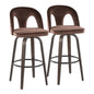 Fixed-Height Barstool with Swivel in Walnut Glazed Wood and Espresso Velvet with Round Black Metal Footrest - Set of 2
