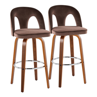 Fixed-Height Barstool with Swivel in Walnut Wood and Espresso Velvet with Round Chrome Metal Footrest - Set of 2