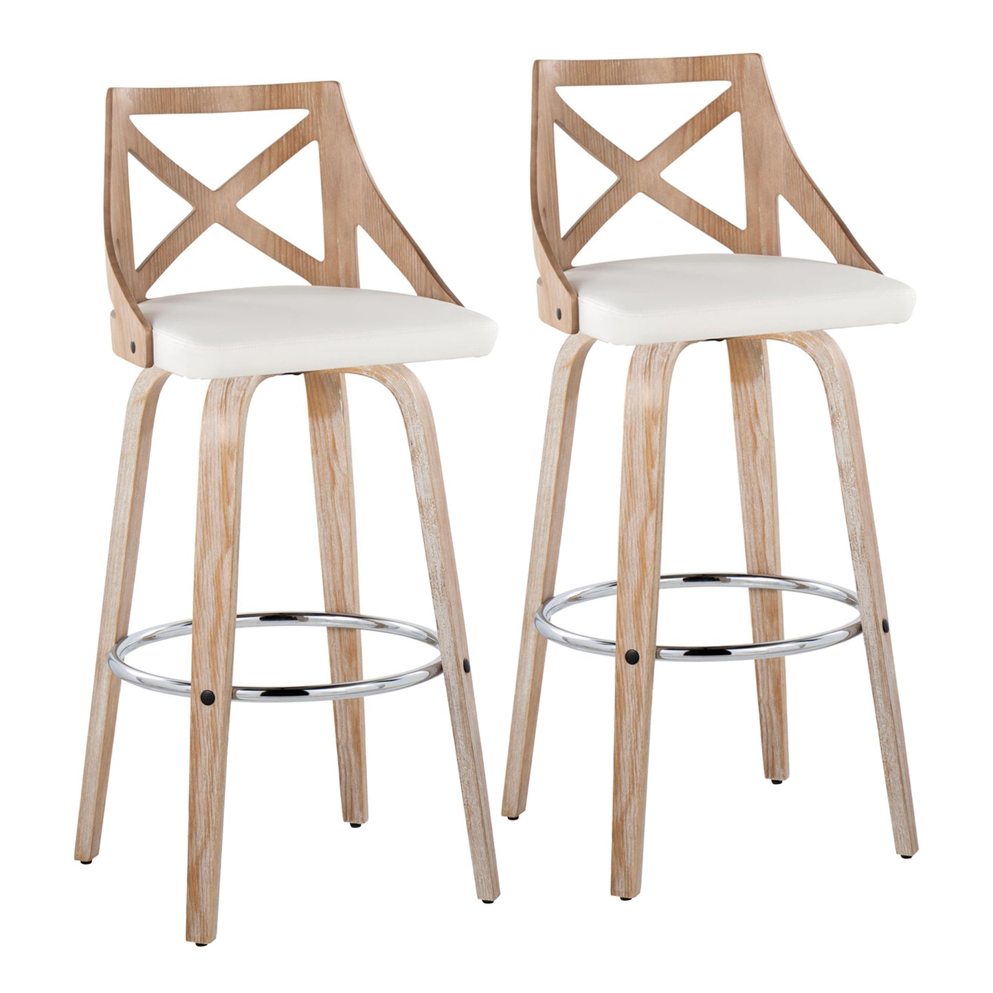Fixed-Height Barstool with Swivel in Whitewashed Wood and White Faux Leather with Round Chrome Metal Footrest - Set of 2