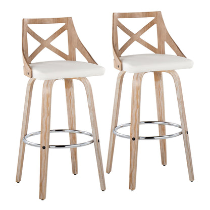 Fixed-Height Barstool with Swivel in Whitewashed Wood and White Faux Leather with Round Chrome Metal Footrest - Set of 2