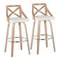 Fixed-Height Barstool with Swivel in Whitewashed Wood and White Faux Leather with Round Chrome Metal Footrest - Set of 2