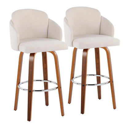 Fixed-Height Barstool in Walnut Wood and Cream Fabric with Round Chrome Footrest - Set of 2