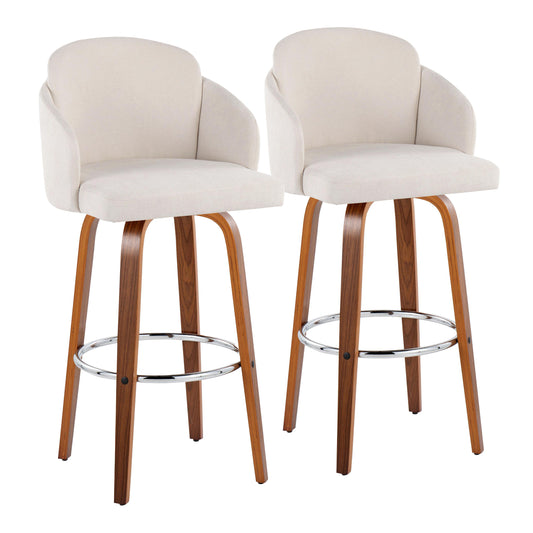 Fixed-Height Barstool in Walnut Wood and Cream Fabric with Round Chrome Footrest - Set of 2