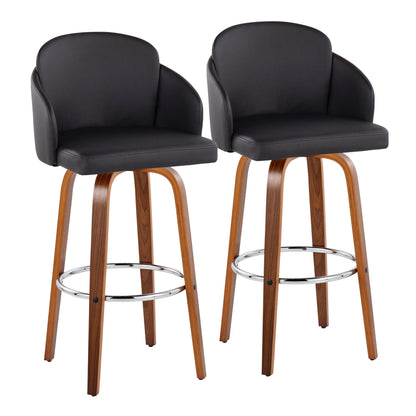 Fixed-Height Barstool in Walnut Wood and Black Faux Leather with Round Chrome Footrest - Set of 2