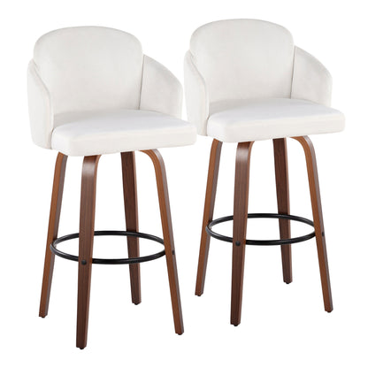 Fixed-Height Barstool in Walnut Wood and Cream Velvet with Gold Metal Accent and Round Black Footrest - Set of 2