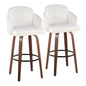 Fixed-Height Barstool in Walnut Wood and Cream Velvet with Gold Metal Accent and Round Black Footrest - Set of 2
