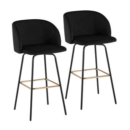 Fixed-Height Barstool with Swivel in Black Metal and Black Velvet with Square Gold Metal Footrest - Set of 2
