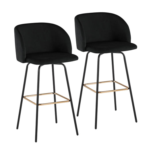 Fixed-Height Barstool with Swivel in Black Metal and Black Velvet with Square Gold Metal Footrest - Set of 2