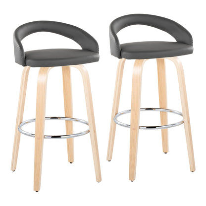 Fixed-Height Barstool with Swivel in Natural Wood and Grey Faux Leather with Round Chrome Metal Footrest - Set of 2