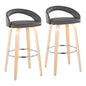 Fixed-Height Barstool with Swivel in Natural Wood and Grey Faux Leather with Round Chrome Metal Footrest - Set of 2