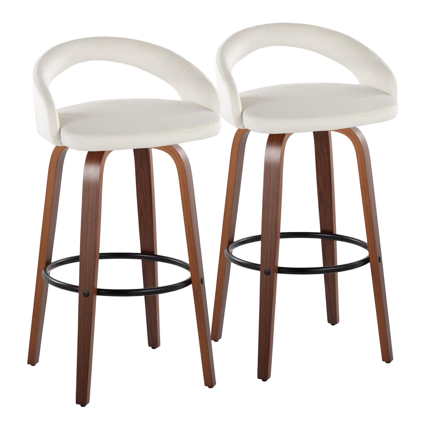 Fixed-Height Barstool with Swivel in Walnut Wood and White Velvet Fabric with Round Black Metal Footrest - Set of 2