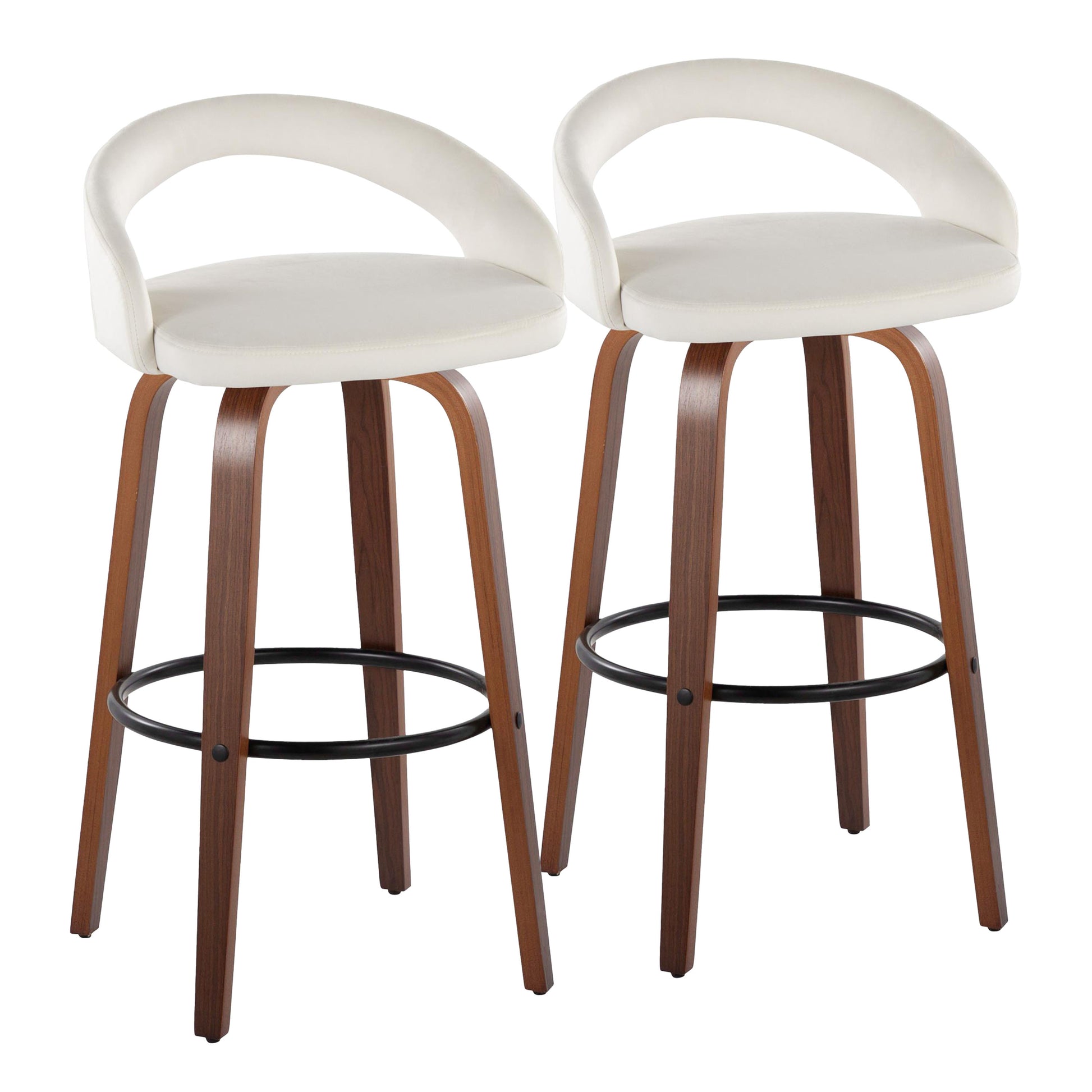 Fixed-Height Barstool with Swivel in Walnut Wood and White Velvet Fabric with Round Black Metal Footrest - Set of 2
