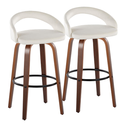 Fixed-Height Barstool with Swivel in Walnut Wood and White Velvet Fabric with Round Black Metal Footrest - Set of 2