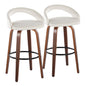 Fixed-Height Barstool with Swivel in Walnut Wood and White Velvet Fabric with Round Black Metal Footrest - Set of 2
