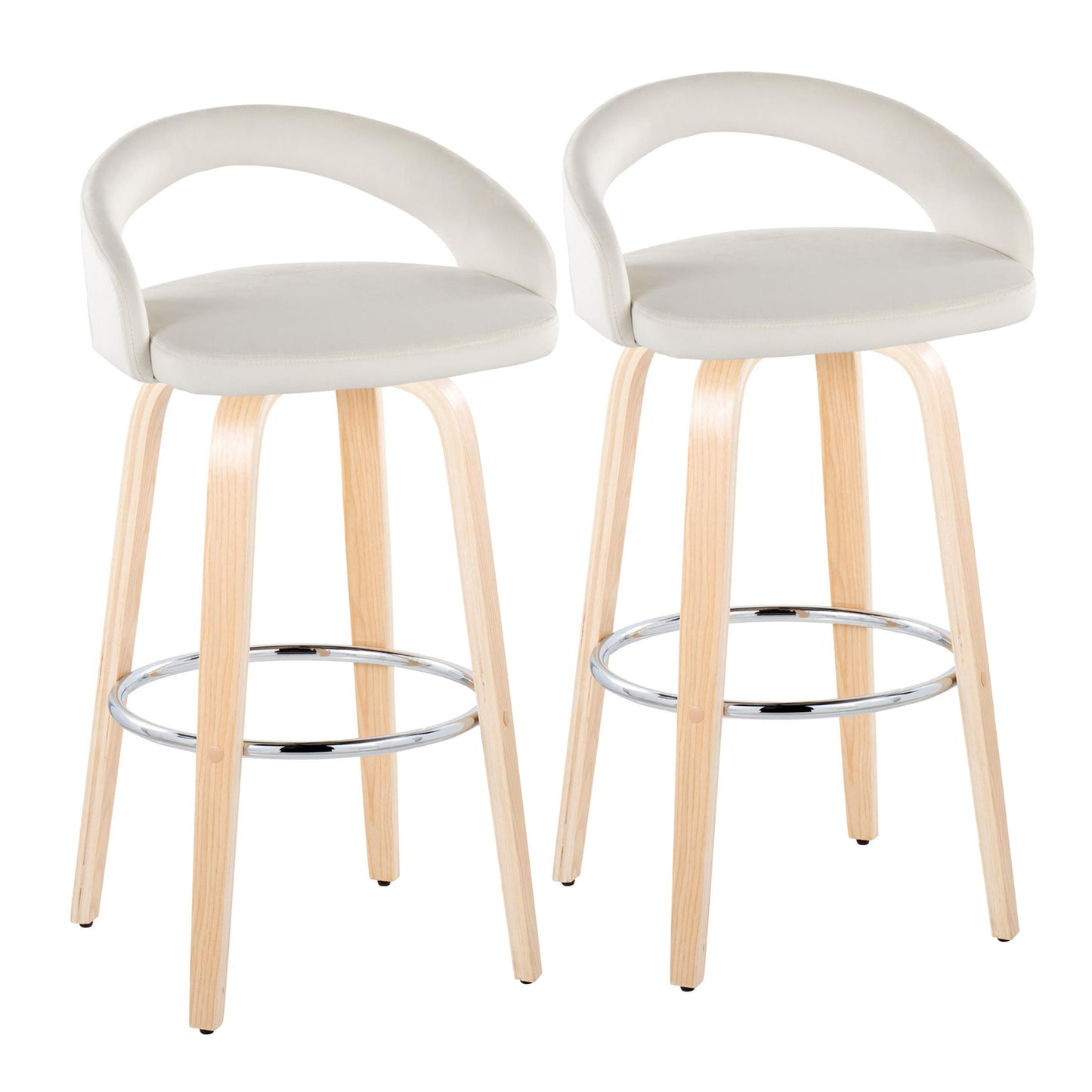 Fixed-Height Barstool with Swivel in Natural Wood and White Velvet with Round Chrome Metal Footrest - Set of 2
