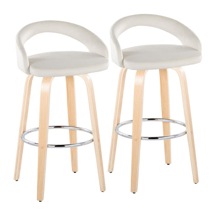 Fixed-Height Barstool with Swivel in Natural Wood and White Velvet with Round Chrome Metal Footrest - Set of 2
