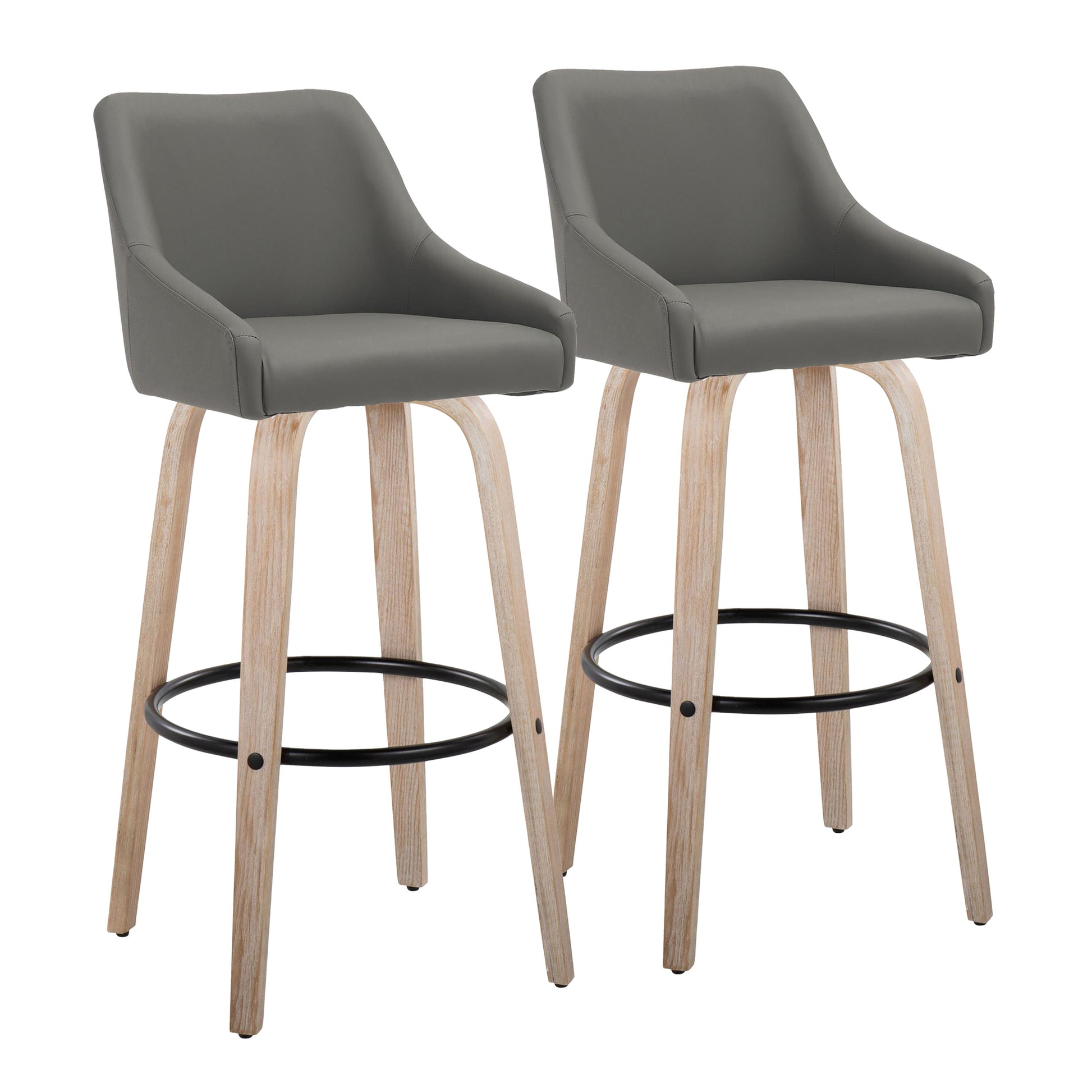 30" Fixed-Height Barstool with Swivel in Whitewashed Wood and Dark Grey Faux Leather with Round Black Metal Footrest - Set of 2