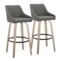 30" Fixed-Height Barstool with Swivel in Whitewashed Wood and Dark Grey Faux Leather with Round Black Metal Footrest - Set of 2