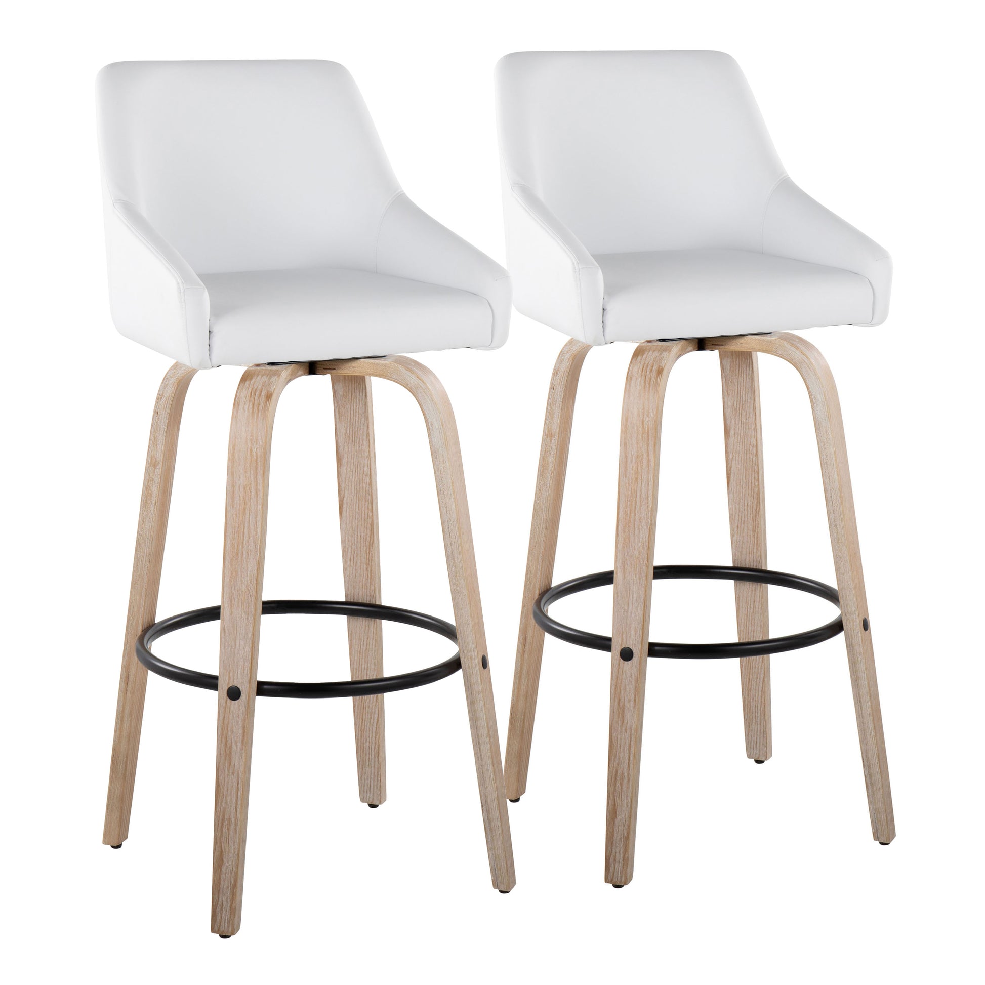 30" Fixed-Height Barstool with Swivel in Whitewashed Wood, White Faux Leather, and Gold Metal with Rounded Black Metal Footrest - Set of 2