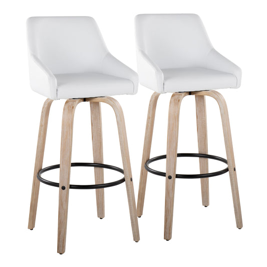 30" Fixed-Height Barstool with Swivel in Whitewashed Wood, White Faux Leather, and Gold Metal with Rounded Black Metal Footrest - Set of 2