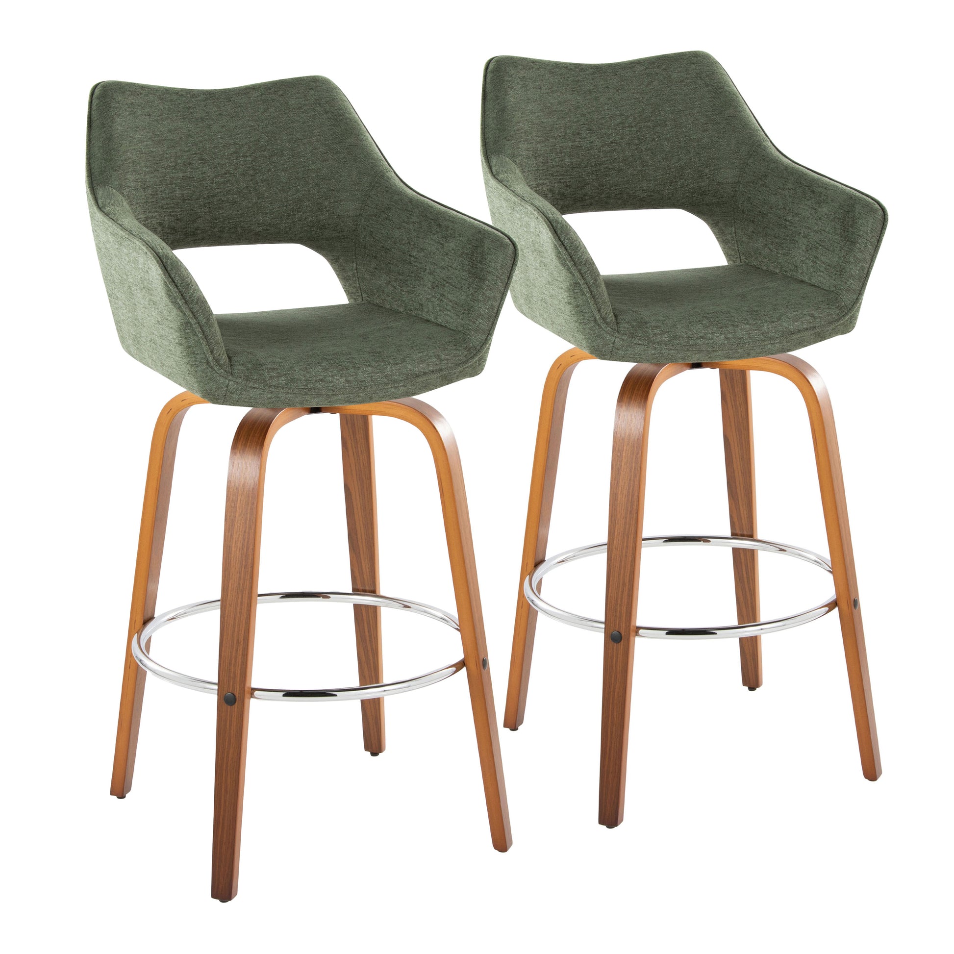 Fixed-Height Barstool with Swivel in Walnut Wood and Green Fabric with Chrome Metal Footrest - Set of 2