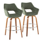 Fixed-Height Barstool with Swivel in Walnut Wood and Green Fabric with Chrome Metal Footrest - Set of 2