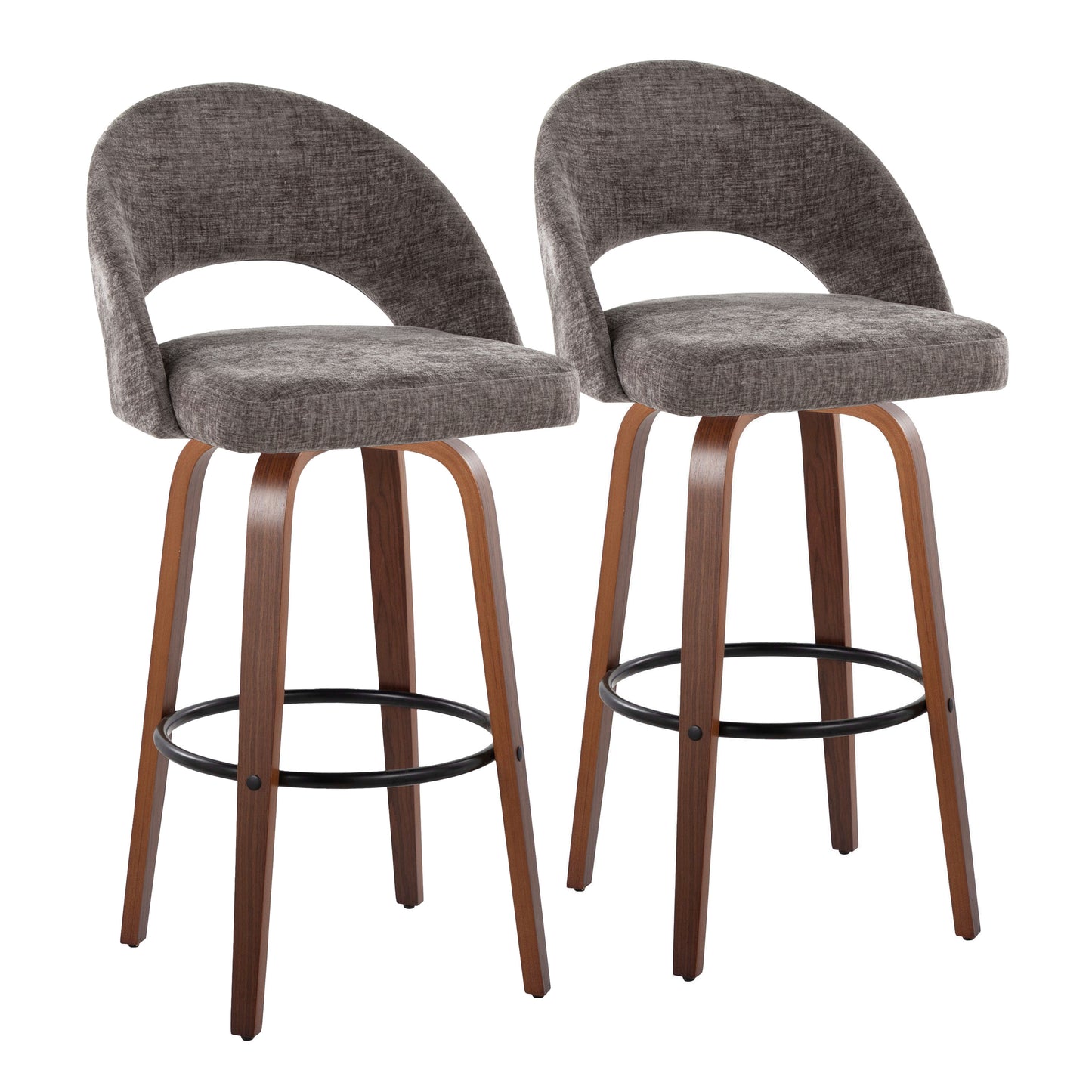Fixed-Height Barstool in Walnut Wood and Dark Grey Fabric with Round Black Metal Footrest - Set of 2