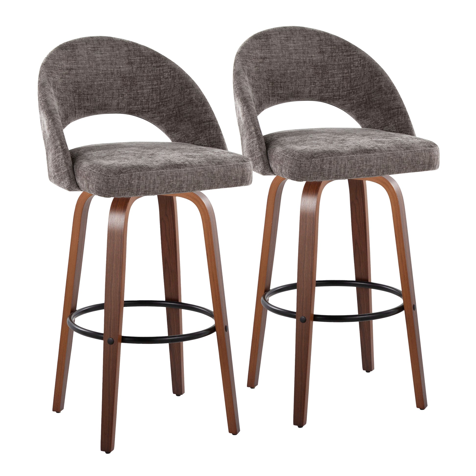 Fixed-Height Barstool in Walnut Wood and Dark Grey Fabric with Round Black Metal Footrest - Set of 2