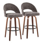 Fixed-Height Barstool in Walnut Wood and Dark Grey Fabric with Round Black Metal Footrest - Set of 2