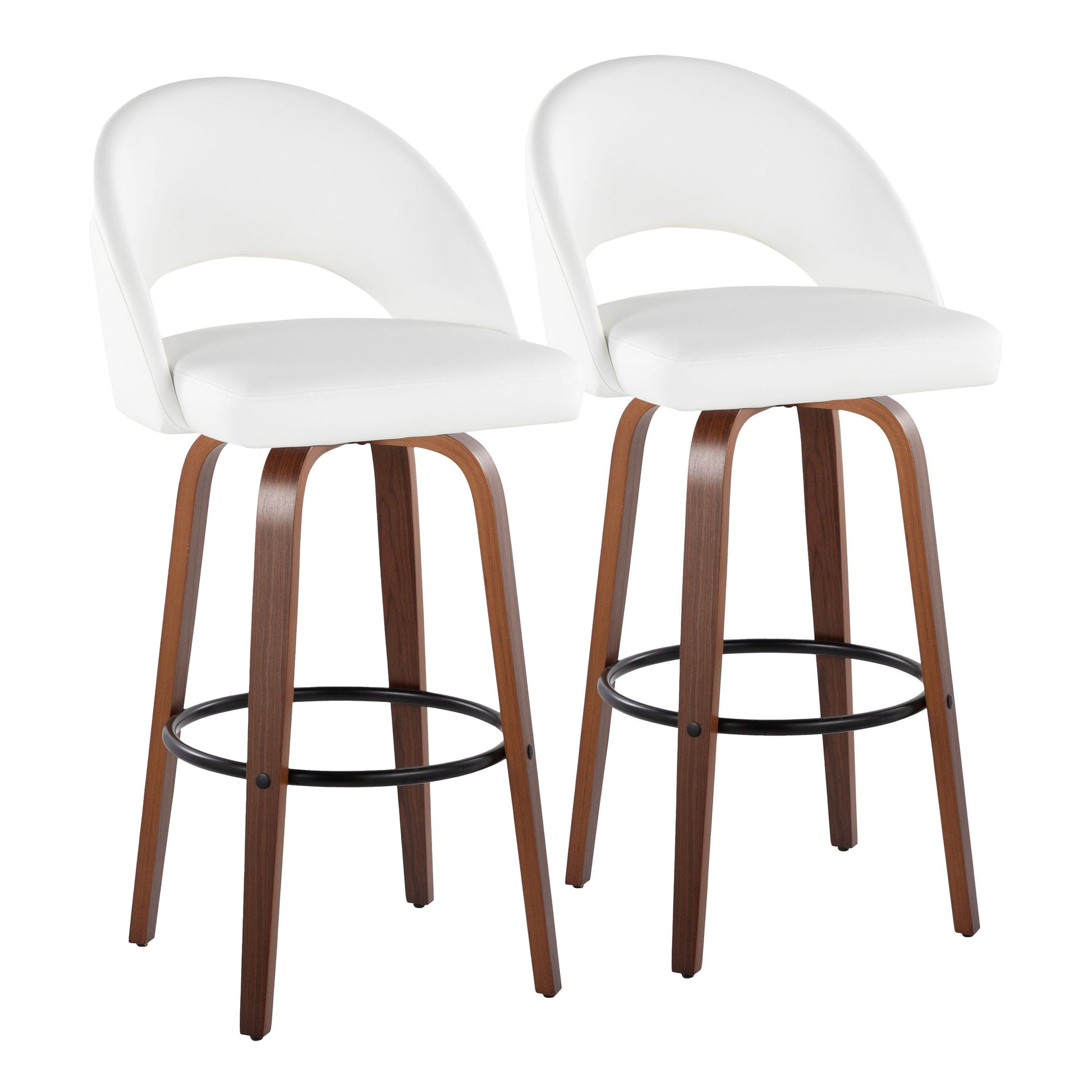 Fixed-Height Barstool in Walnut Wood and White Faux Leather with Round Black Metal Footrest - Set of 2