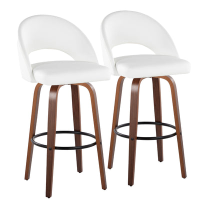 Fixed-Height Barstool in Walnut Wood and White Faux Leather with Round Black Metal Footrest - Set of 2
