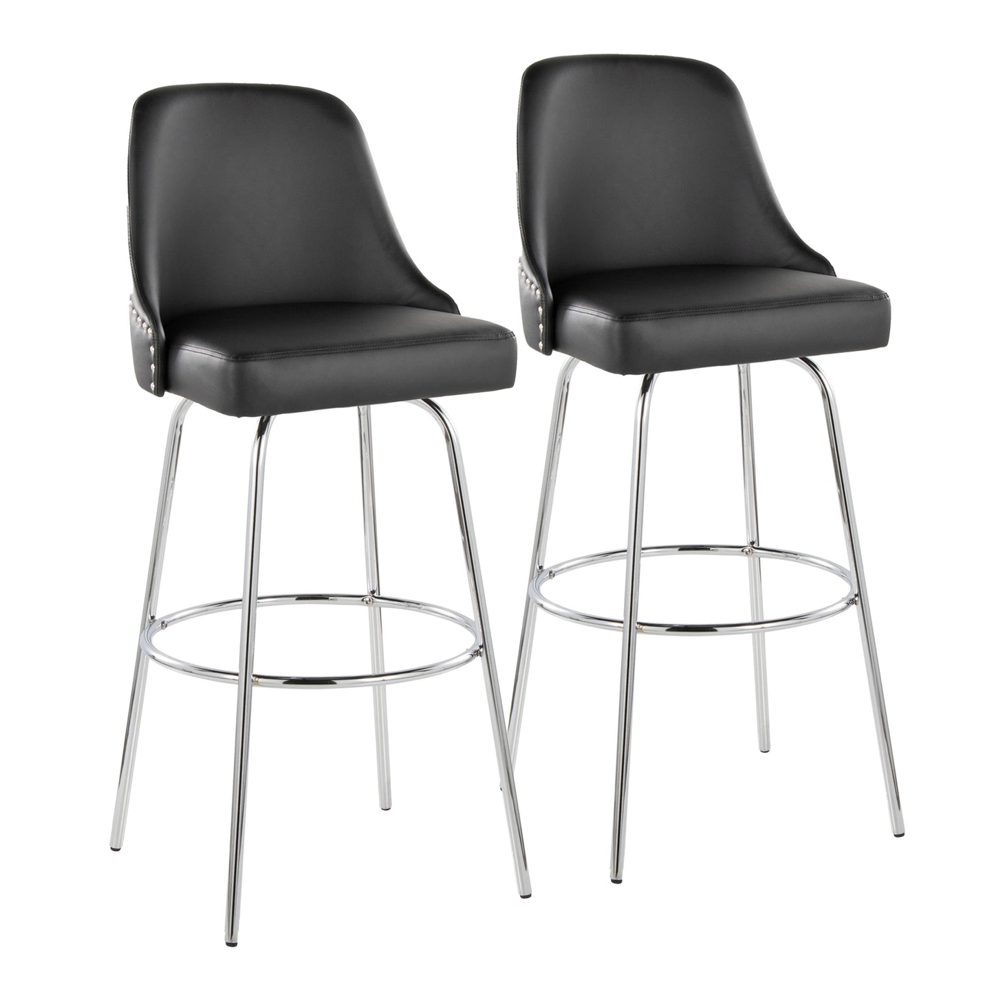 Fixed-Height Barstool with Swivel in Chrome Metal and Black Faux Leather with Chrome Nailhead Trim and Round Chrome Metal Footrest - Set of 2