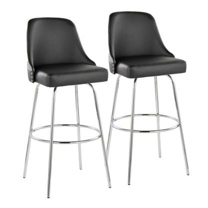 Fixed-Height Barstool with Swivel in Chrome Metal and Black Faux Leather with Chrome Nailhead Trim and Round Chrome Metal Footrest - Set of 2