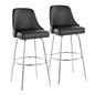 Fixed-Height Barstool with Swivel in Chrome Metal and Black Faux Leather with Chrome Nailhead Trim and Round Chrome Metal Footrest - Set of 2