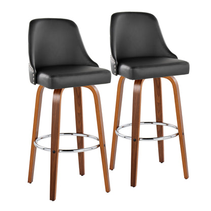 30" Fixed-Height Barstool with Swivel in Walnut Wood and Black Faux Leather with Chrome Nailhead Trim and Round Chrome Metal Footrest - Set of 2
