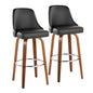 30" Fixed-Height Barstool with Swivel in Walnut Wood and Black Faux Leather with Chrome Nailhead Trim and Round Chrome Metal Footrest - Set of 2